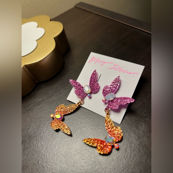 Betsey Johnson Pink and Orange Rhinestones Butterfly Earrings - Picture 2 of 5